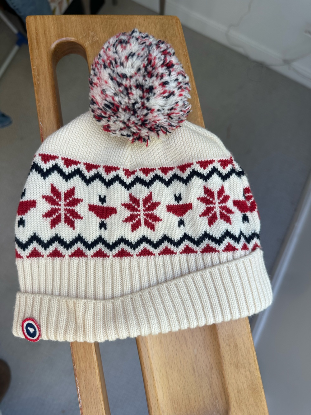Cream Fair Isle Pom Beanie with Red & Black Accents